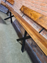 Load image into Gallery viewer, RUSTIC BACKED BENCH WITH CROSS FRAME LEGS
